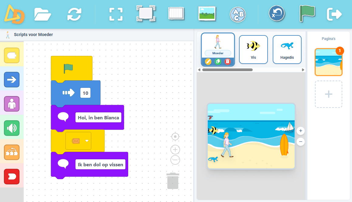 Delta CodeJr: het speelveld met een figuur en de programmeerblokken