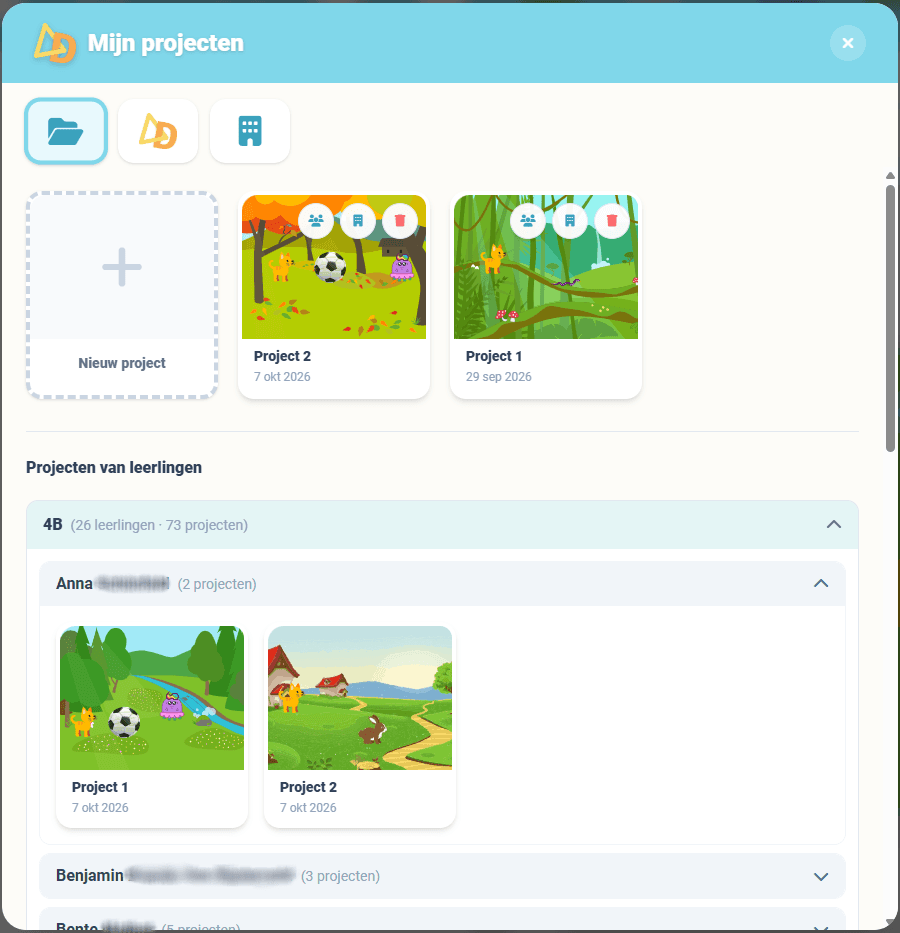 Delta CodeJr: het leerkrachtdashboard met de projecten van de klas