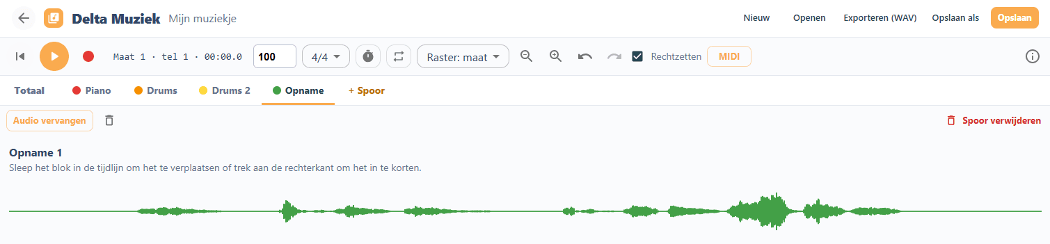 Delta Muziek: een opnamespoor met de golfvorm van een opname