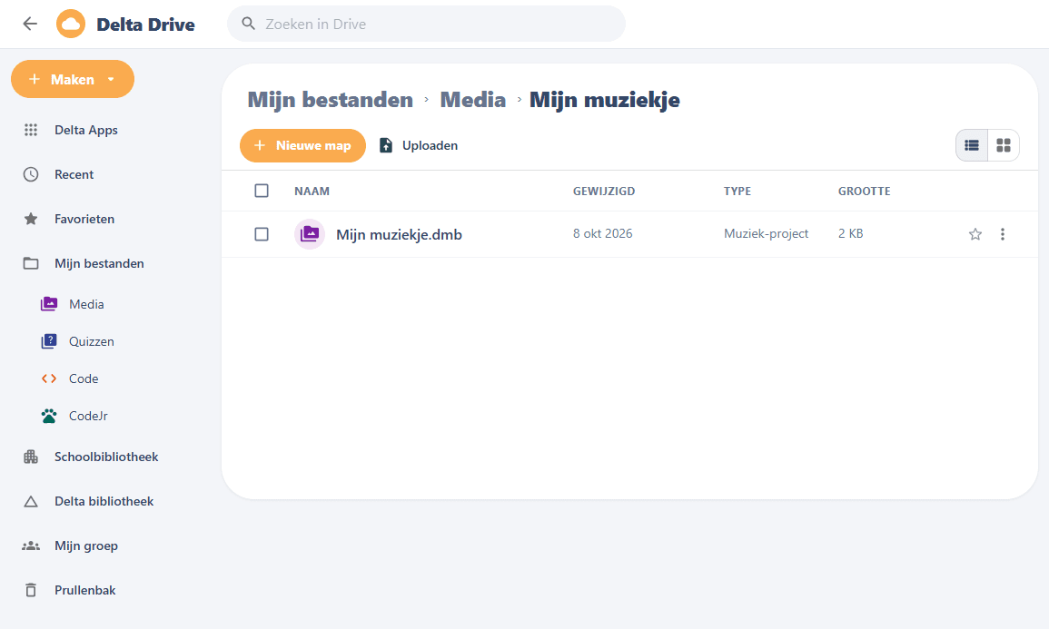 Delta Muziek: een muziekproject in Delta Drive met de mappen Audio en Export