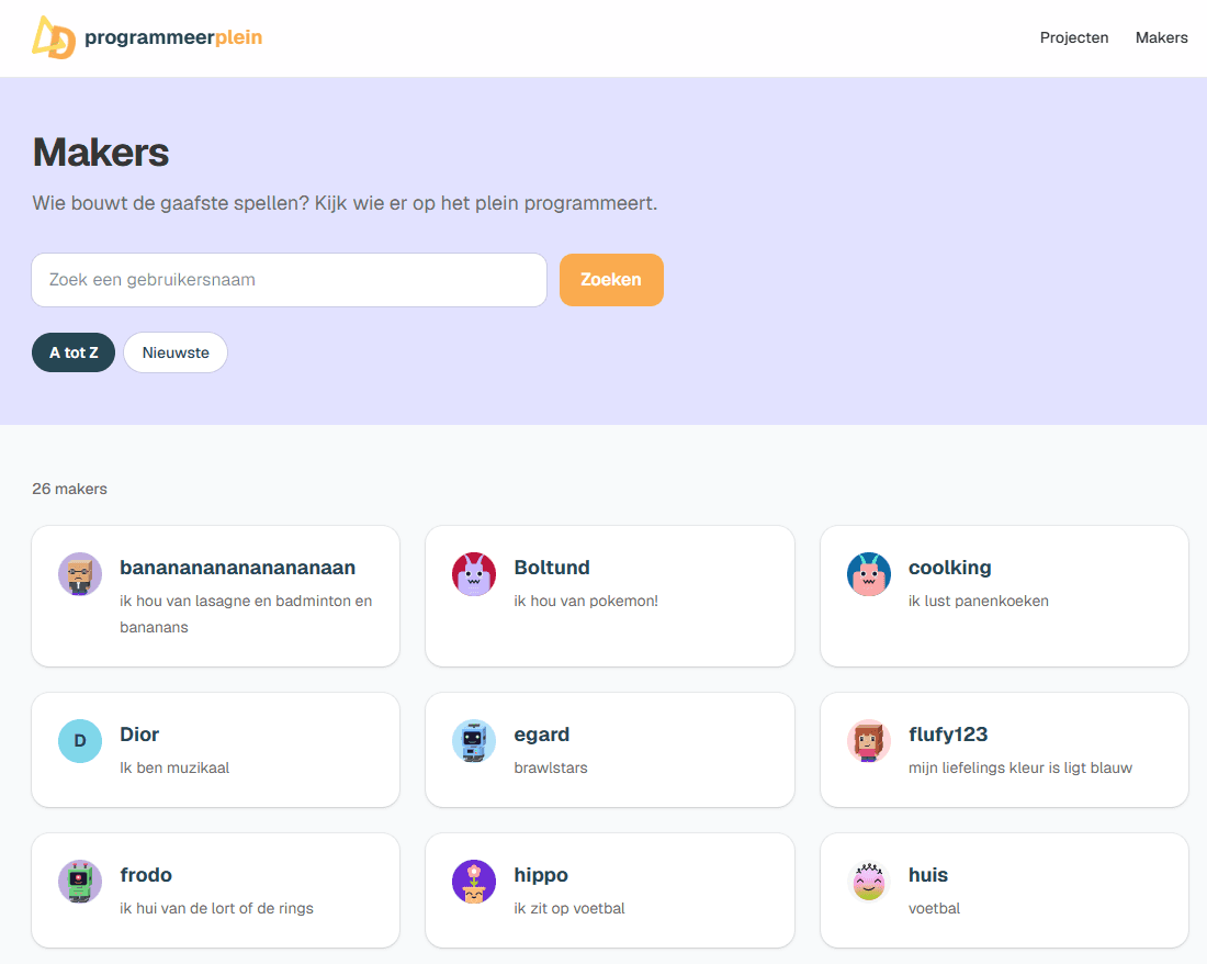Programmeerplein: de pagina van een maker met bijnaam en avatar