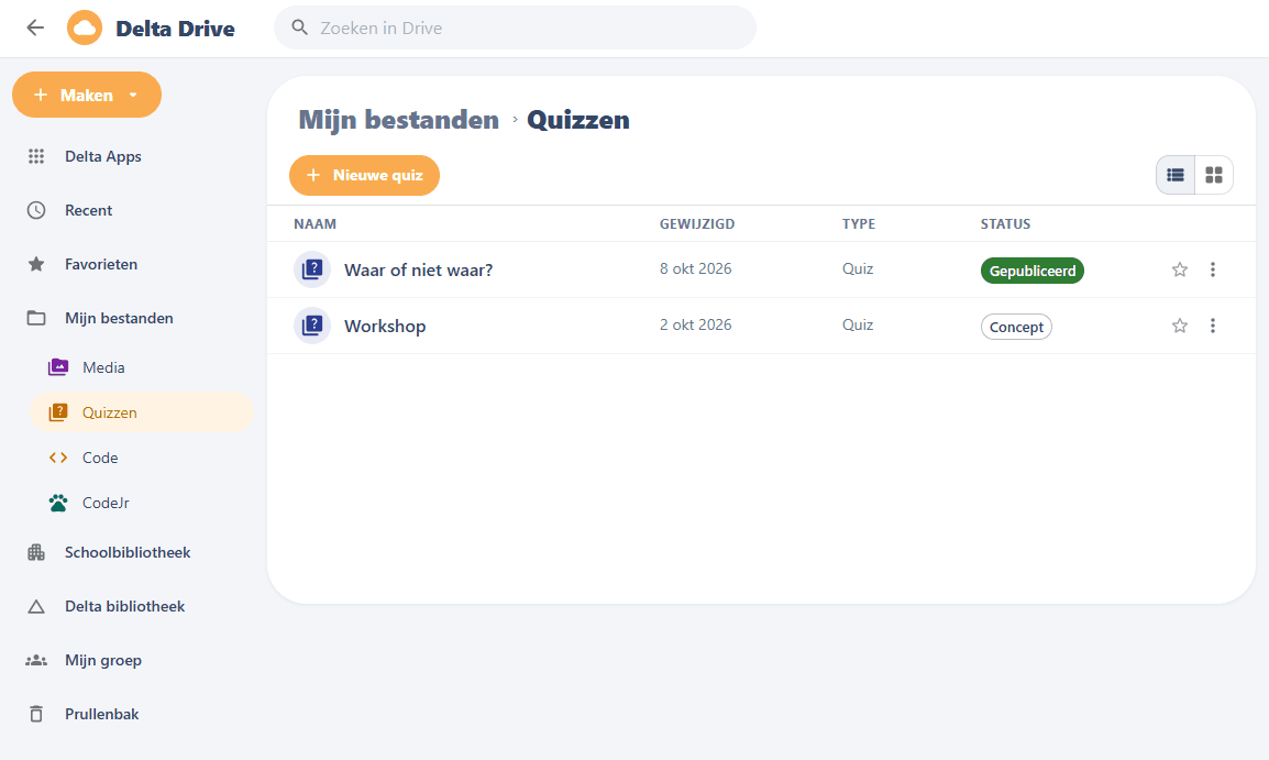 Delta Quiz: het overzicht met Mijn quizzen en Delta bibliotheek