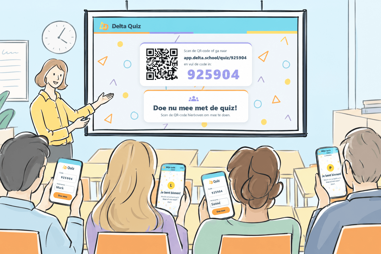 Delta Quiz: het scherm met de QR-code waarmee externe deelnemers meedoen