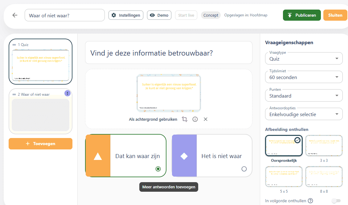 Delta Quiz: de quiz-editor met een vraag en antwoorden