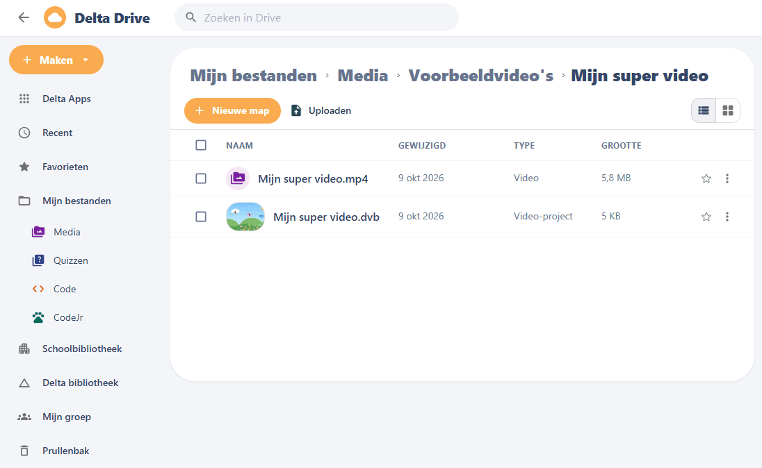 Delta Video: een videoproject in Delta Drive met de bijbehorende mappen