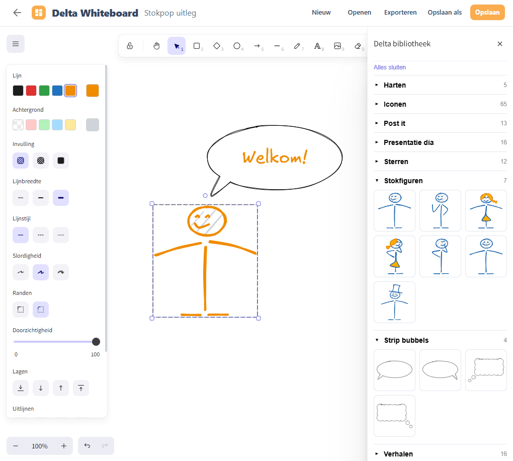 Delta Whiteboard: een bord met tekeningen en onderdelen uit de bibliotheek