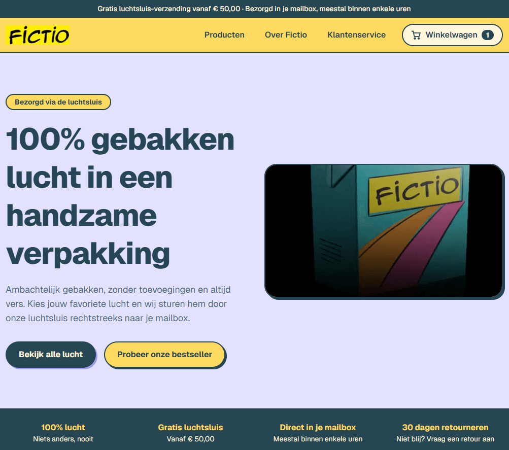 Fictio.shop: de startpagina van de nepwebshop met producten