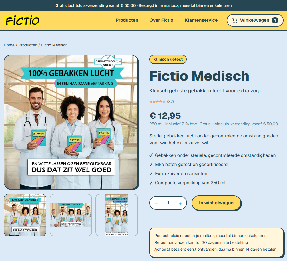 Fictio.shop: een productpagina met reclametrucs zoals schaarste en reviews